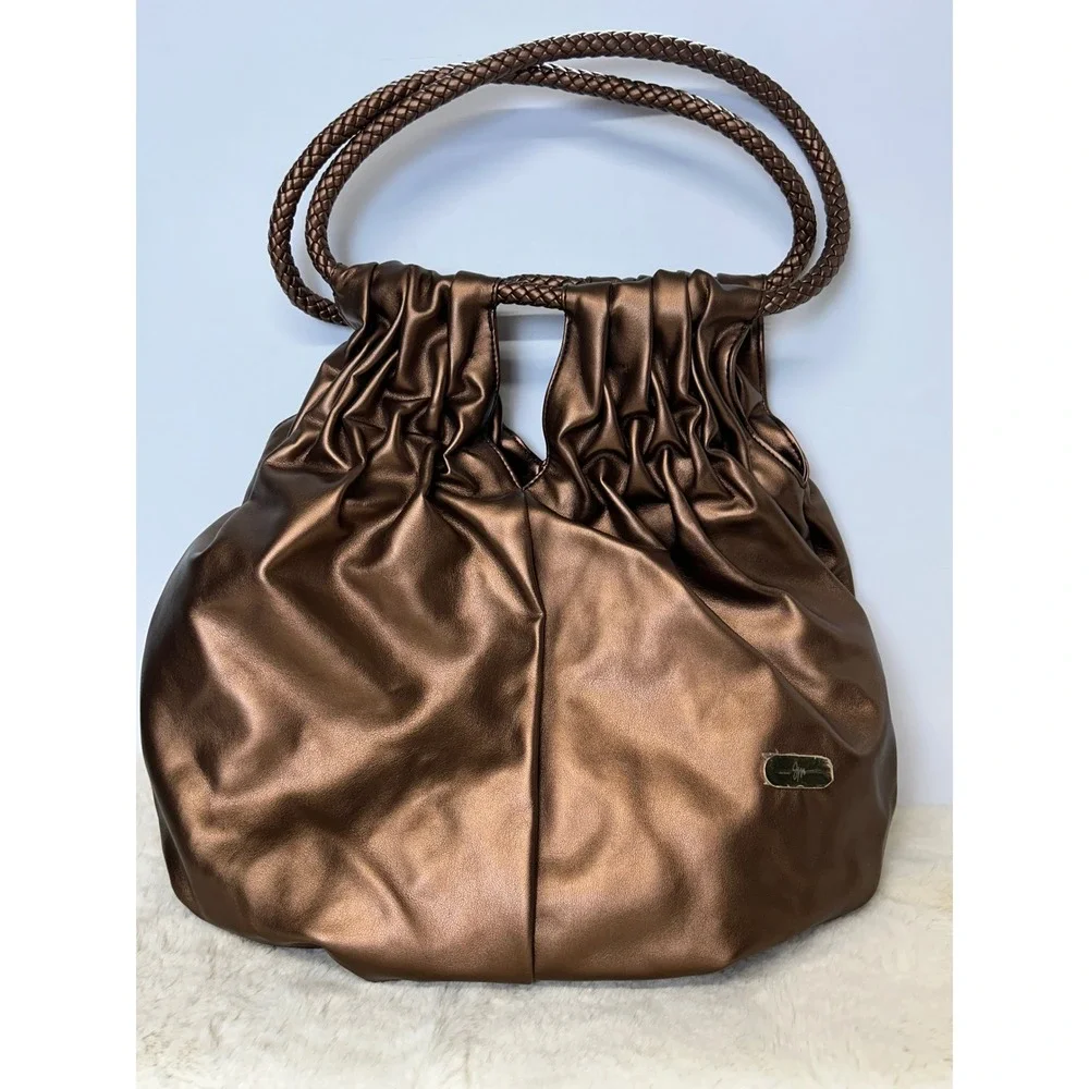 JM Metallic Bronze Slouchy Hobo Bag Braided Handle Pleated Tote